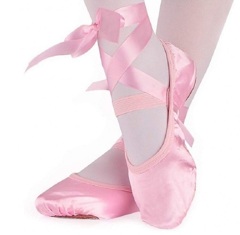 Satin ballet shoes with ribbon candy pink square flip