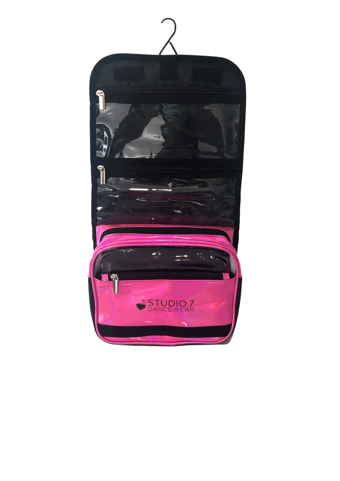 Holographic makeup bag pink open empty